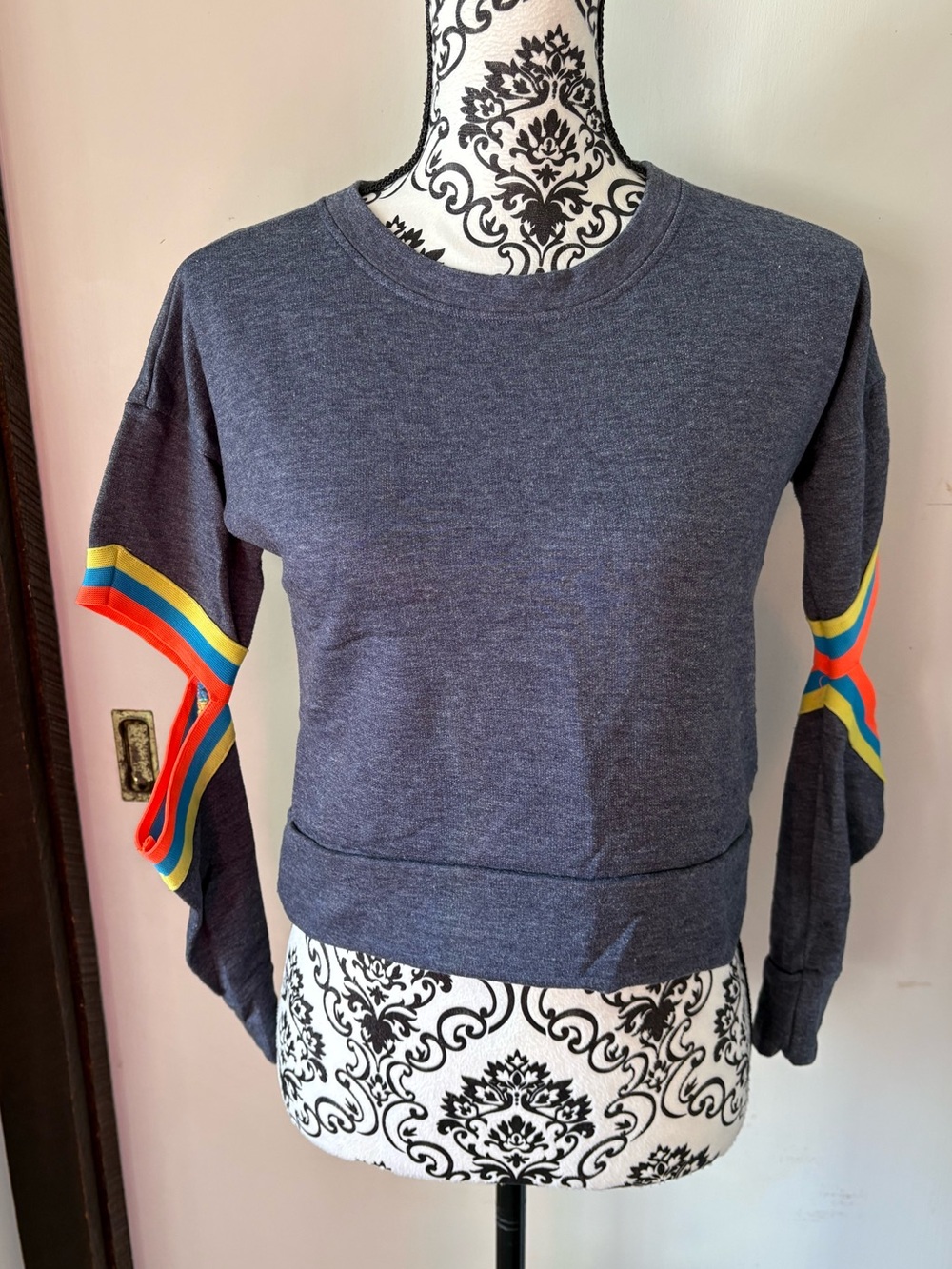 Vintage Havana Navy Crewneck Sweatshirt with Rainbow Sleeve Stripes Size Medium